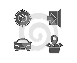 Parcel tracking, Exit and Taxi icons. Package location sign. Box in target, Escape, Passengers transport.