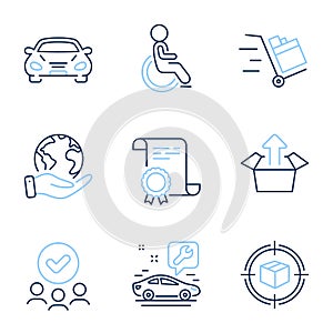 Parcel tracking, Push cart and Car icons set. Car service, Send box and Disabled signs. Vector
