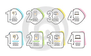 Parcel tracking, Writer and Delete file icons set. Notebook sign. Vector