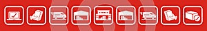 Parcel transport, eshop, vector icons on red background
