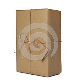 Parcel wrapped with kraft paper, twine and tag isolated on white