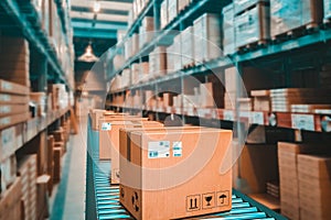 parcels on conveyor belt in a warehouse