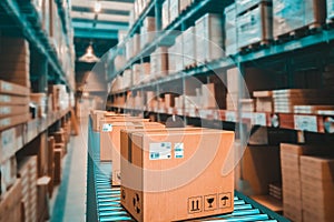 parcels on conveyor belt in a warehouse photo