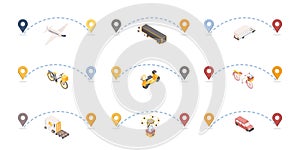 Parcels delivery routes isometric illustrations set. Shipment destination marked with geotags. Logistic company