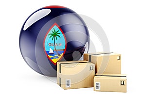 Parcels with Guamanian flag. Shipping and delivery in Guam, concept. 3D rendering