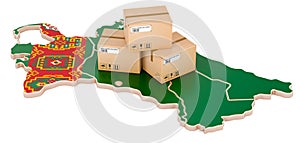 Parcels on the Turkmen map. Shipping in Turkmenistan, concept. 3D rendering