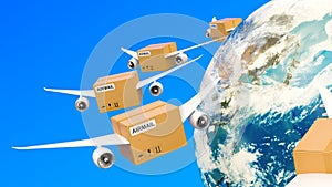 Parcels with wings flying in the sky around Earth globe. Global shipping and delivery concept, 3D rendering