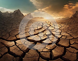 Parched earth: sunlit cracked desert landscape