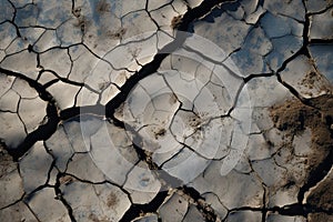 The parched, fractured earth surface exhibits extensive damage and cracks
