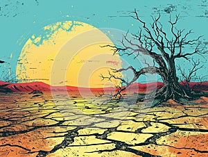 A parched land under the relentless sun, smiling down as drought whispers the tale of climate change