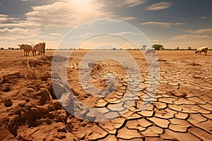 A parched wasteland with cracked earth and barren crops. Design for World Day Against Desertification and Drought.