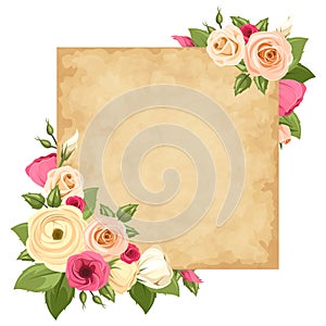 Parchment card with pink and orange roses, lisianthuses and ranunculus flowers. Vector eps-10.