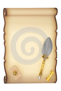 Parchment Document Scroll Blotter and Quill Pen