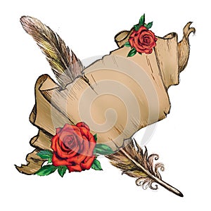 Parchment, feather, red rose, paper illustration