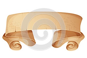 Parchment paper scroll ribbon, old vintage banner game ui element in cartoon style isolated on white background.