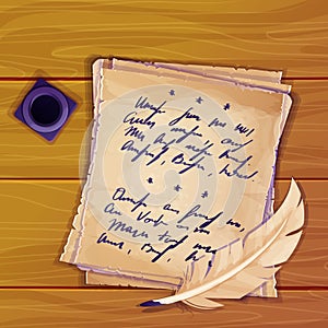 Parchment paper, torn old sheet with unreadble scrit inkwell and feather pen on wooden desk in cartoon style, textured