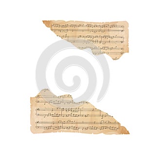 Parchment piece of paper with old music melody, song scrapbook sheet isolated on white background, design element, frame