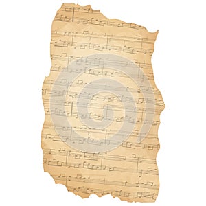 Parchment piece of paper with old music melody, song scrapbook sheet isolated on white background, design element, frame