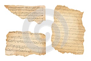 Parchment piece of paper with old music melody, song scrapbook sheet isolated on white background, design element, frame