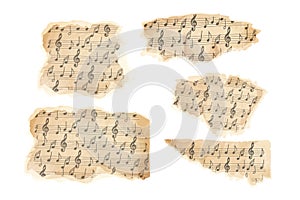 Parchment piece of paper with old music melody, song scrapbook sheet isolated on white background, design element, frame