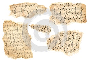 Parchment piece of paper with old music melody, song scrapbook sheet isolated on white background, design element, frame