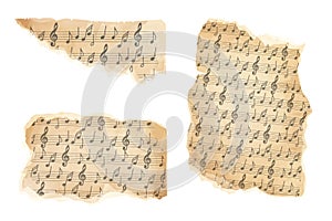 Parchment piece of paper with old music melody, song scrapbook sheet isolated on white background, design element, frame