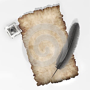 Parchment with quill adn inkpot paper texture background 3D illustration photo