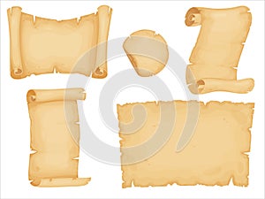 Parchment set. Old paper scrolls. Vintage letter, certificate, treasure map or historical document. Illustration