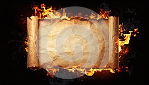 A parchment-style scroll with rolled edges is surrounded by flames against a black background