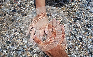 A pare of hands covered with water