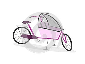 Parent cargo bike with children sit covered with rain cover. Pink cartoon realistic bakfiets on white background. photo