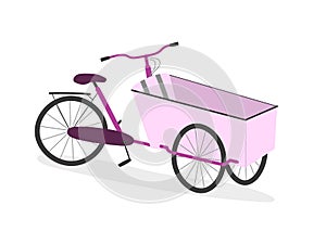 Parent cargo bike with three wheels, box bicycle. Pink cartoon realistic bakfiets on white background.