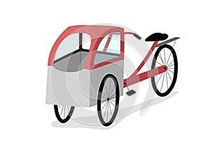 Parent cargo bike with three wheels and rain coat, box bicycle. Elegant cartoon realistic bakfiets on white background. photo