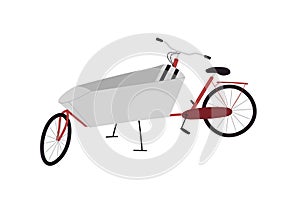 Parent cargo bike with two wheels, box bicycle. Elegant cartoon realistic bakfiets on white background. photo