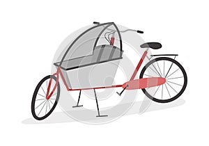 Parent cargo bike with two wheels and rain cover, box bicycle. Elegant cartoon realistic bakfiets on white background.