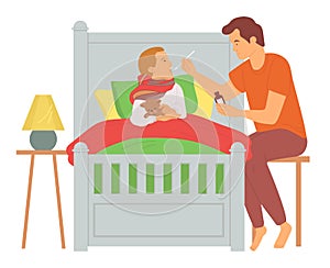 Parent Caring of Ill Child, Dad and Son Vector