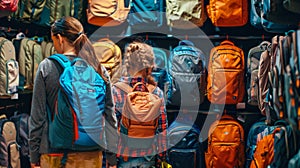 A parent and child browsing through a variety of backpacks debating the merits of a rolling versus traditional style photo
