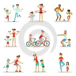 Parent And Child Doing Sportive Exercises And Sport Training Together Having Fun Set Of Scenes