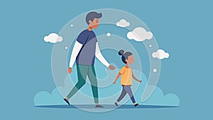 A parent and child walking hand in hand the child bravely confessing their dreams and fears for the future.. Vector