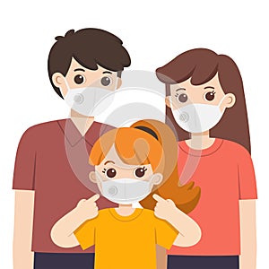 Parent and child wearing medical mask. Hygiene mask. Virus protection.