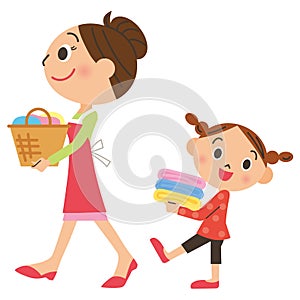 Parent and child who carry laundry