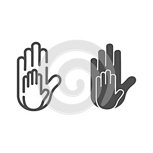 Parent and childs hands line and glyph icon. Small hand in big one vector illustration isolated on white. Family arms