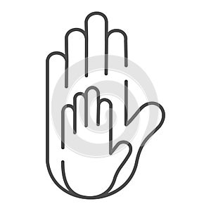 Parent and childs hands thin line icon. Small hand in big one vector illustration isolated on white. Family arms outline