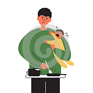 Parent depression, parental leave vector illustration with worried father cooking food on stove holding crying child in hand