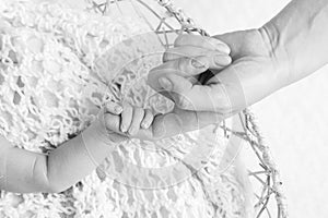 Parent hands holding newborn baby fingers, Close up mother`s hand holding their new born baby. Love family healthcare and medical