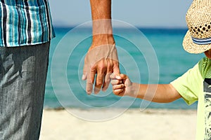The parent holds the child`s hand on the beach
