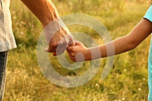 The parent holds the hand of a child