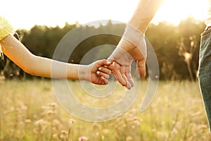 Parent holds the hand of a small child