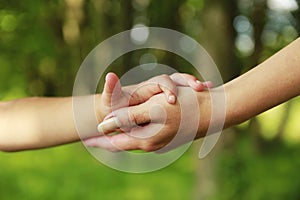 Parent holds the hand of a small child