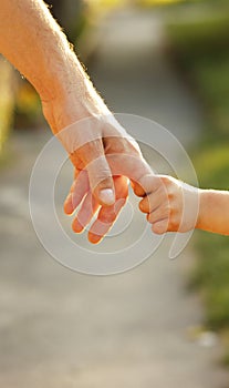 Parent holds the hand of a small child